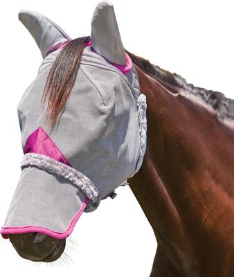 Show full view: WeatherBeeta ComFiTec Deluxe Durable Mesh Horse Fly Mask with Ears & Nose, Gray/Purple, Cob slide 2 of 3