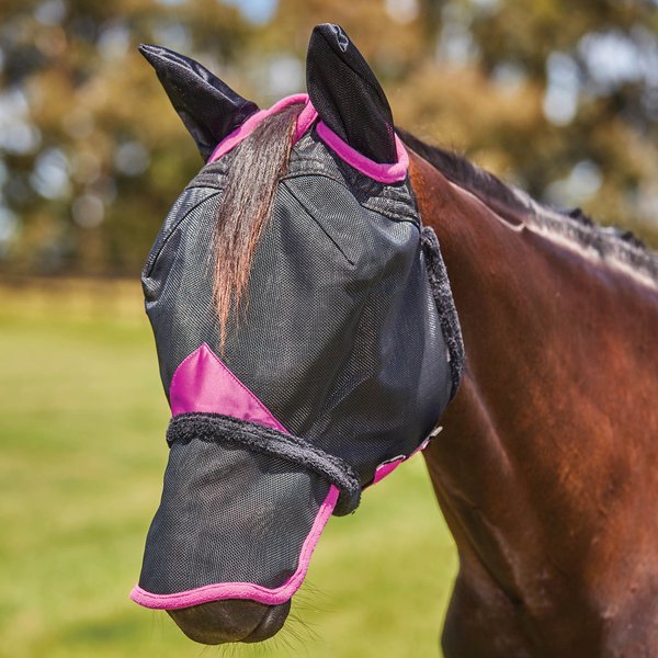 Show full view: WeatherBeeta ComFiTec Deluxe Durable Mesh Horse Fly Mask with Ears & Nose, Black/Purple, Full slide 1 of 5