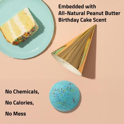 Show full view: Playology Peanut Butter Birthday Cake Squeaky Dog Ball, Blue, Medium slide 4 of 7