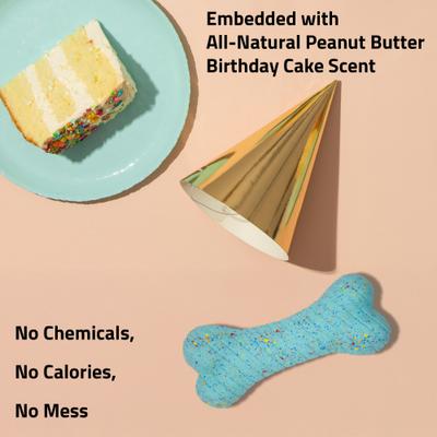 Show full view: Playology Dual Layer Bone Peanut Butter Birthday Cake Tough Dog Chew Toy, Blue, Small slide 4 of 7