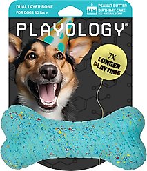 Playology Dual Layer Bone Peanut Butter Birthday Cake Tough Dog Chew Toy, Blue, Jumbo