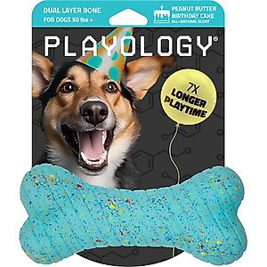 Playology Dual Layer Bone Peanut Butter Birthday Cake Tough Dog Chew Toy, Blue, Jumbo