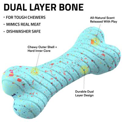 Show full view: Playology Dual Layer Bone Peanut Butter Birthday Cake Tough Dog Chew Toy, Blue, Small slide 2 of 7