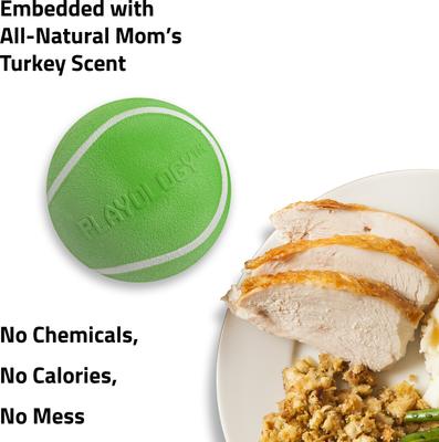 Show full view: Playology Christmas Holiday Turkey Scented Squeaky Chew Ball Dog Toy, Green, Medium slide 4 of 7