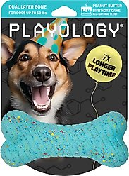 Playology Dual Layer Bone Peanut Butter Birthday Cake Tough Dog Chew Toy, Blue, Medium