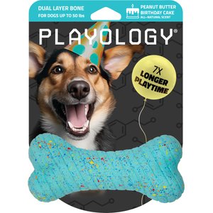 Playology Dual Layer Bone Peanut Butter Birthday Cake Tough Dog Chew Toy, Blue, Medium