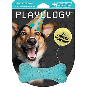 Playology Dual Layer Bone Peanut Butter Birthday Cake Tough Dog Chew Toy, Blue, Small