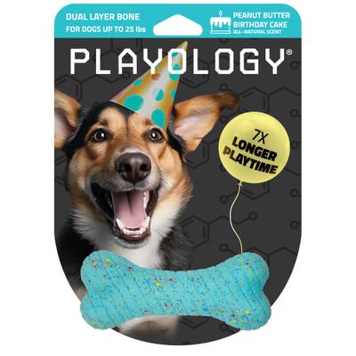 Show full view: Playology Dual Layer Bone Peanut Butter Birthday Cake Tough Dog Chew Toy, Blue, Small slide 1 of 7