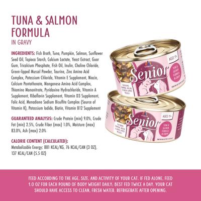 Show full view: Weruva Senior Grain-Free Tuna & Salmon Formula in Gravy Wet Cat Food, 5.5-oz can, case of 8 slide 5 of 11