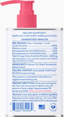 Show full view: Native Pet Sockeye Salmon Flavored Oil Skin & Coat Health Liquid Supplement for Dogs & Cats, 8-fl oz slide 3 of 10