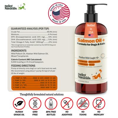 Show full view: Deley Naturals Wild Alaskan Salmon Oil + for Dogs & Cats, 32-fl oz bottle slide 9 of 11