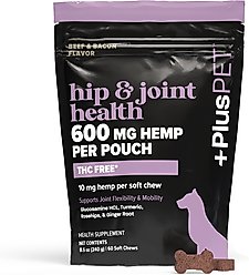 +PlusPET Pet Hip & Joint Health Beef & Bacon Flavored Soft Chew Full Spectrum Hemp Extract Joint Health Supplement for Dogs, 60 count