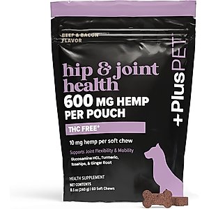 +PlusPET Pet Hip & Joint Health Beef & Bacon Flavored Soft Chew Full Spectrum Hemp Extract Joint Health Supplement for Dogs, 60 count