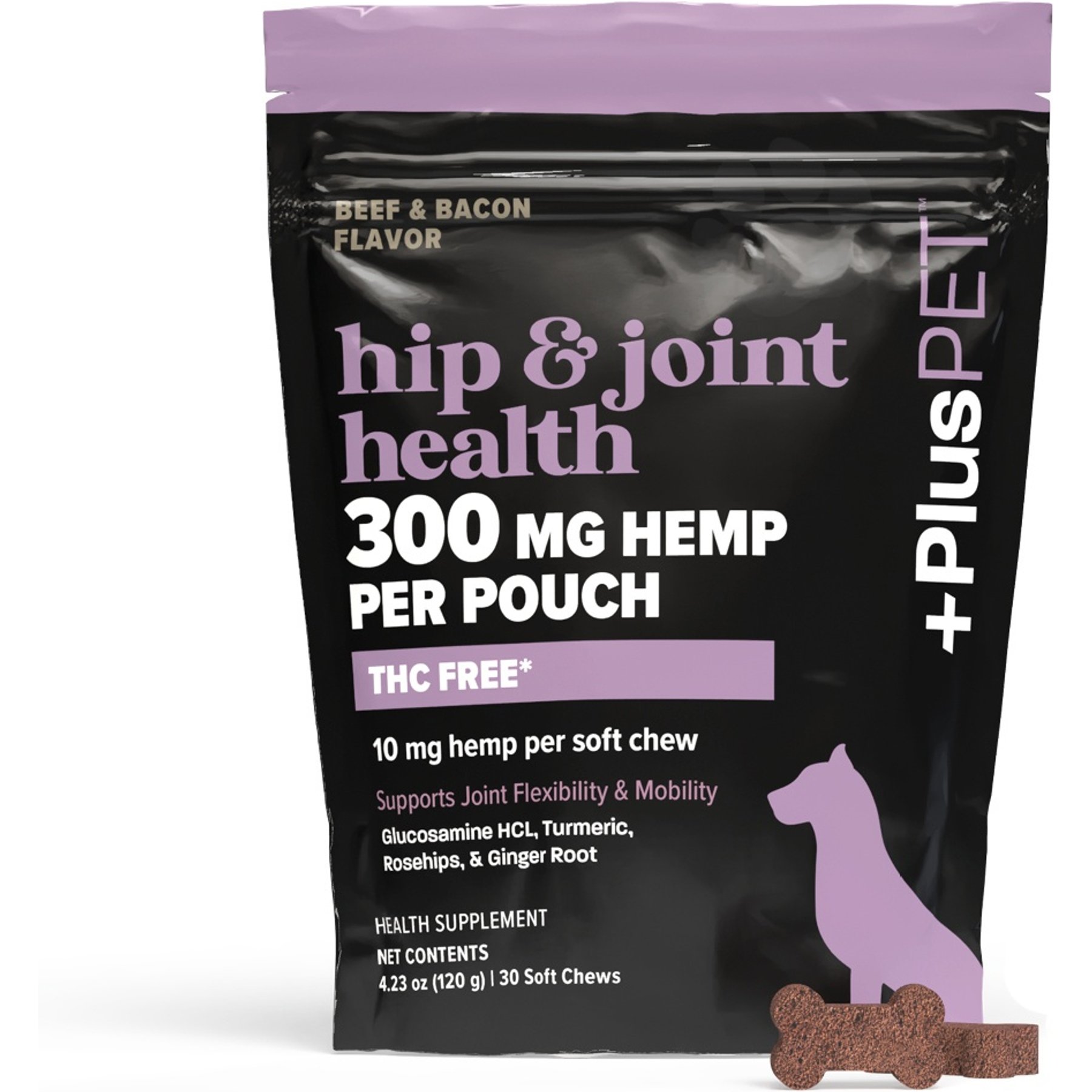 +PlusPET Pet Hip & Joint Health Beef & Bacon Flavored Soft Chew Full Spectrum Hemp Extract Joint Health Supplement for Dogs, 30 count
