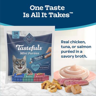 Show full view: Blue Buffalo Tastefuls Mini Purees Chicken, Tuna, & Salmon Variety Pack Lickable Adult Cat Treats, 0.5-oz tube, case of 24 slide 5 of 11
