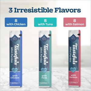 Blue Buffalo Tastefuls Mini Purees Chicken, Tuna, & Salmon Variety Pack Lickable Adult Cat Treats, 0.5-oz tube, case of 24