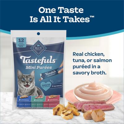 Show full view: Blue Buffalo Tastefuls Mini Purees Chicken, Tuna, & Salmon Variety Pack Lickable Adult Cat Treats, 0.5-oz tube, case of 12 slide 5 of 11