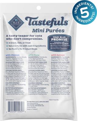 Show full view: Blue Buffalo Tastefuls Mini Purees Chicken, Tuna, & Salmon Variety Pack Lickable Adult Cat Treats, 0.5-oz tube, case of 12 slide 3 of 11