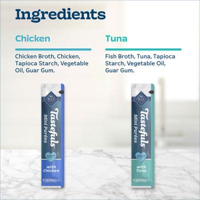 Show full view: Blue Buffalo Tastefuls Mini Purees Chicken, Tuna, & Salmon Variety Pack Lickable Adult Cat Treats, 0.5-oz tube, case of 4 slide 6 of 11