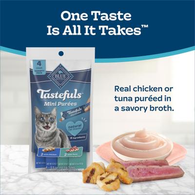 Show full view: Blue Buffalo Tastefuls Mini Purees Chicken, Tuna, & Salmon Variety Pack Lickable Adult Cat Treats, 0.5-oz tube, case of 4 slide 5 of 11