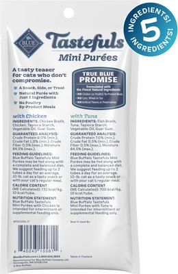 Show full view: Blue Buffalo Tastefuls Mini Purees Chicken, Tuna, & Salmon Variety Pack Lickable Adult Cat Treats, 0.5-oz tube, case of 4 slide 3 of 11