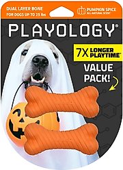 Playology Halloween Pumpkin Spice Scented Dual Layer Bone Dog Toy, Orange, Small 2-Pack