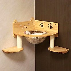 PETOMG Spaceship Corner Cat Wall Shelf, Wood Color, Medium