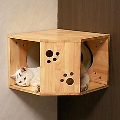 PETOMG Corner House Cat Wall Shelf, Wood Color, Medium
