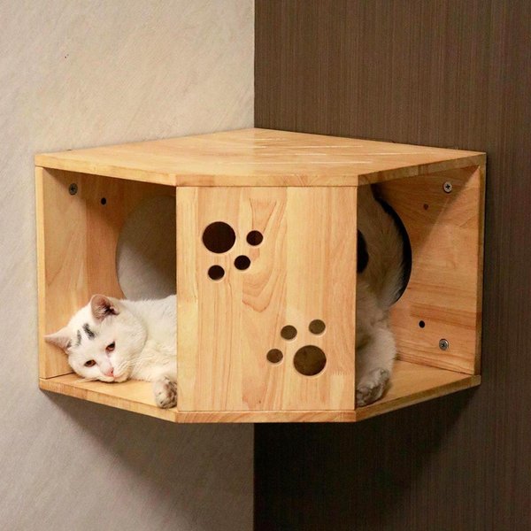 PETOMG Corner House Cat Wall Shelf, Wood Color, Medium