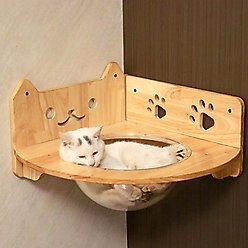 PETOMG Corner Mount Cat Wall Shelf, Wood Color, Medium