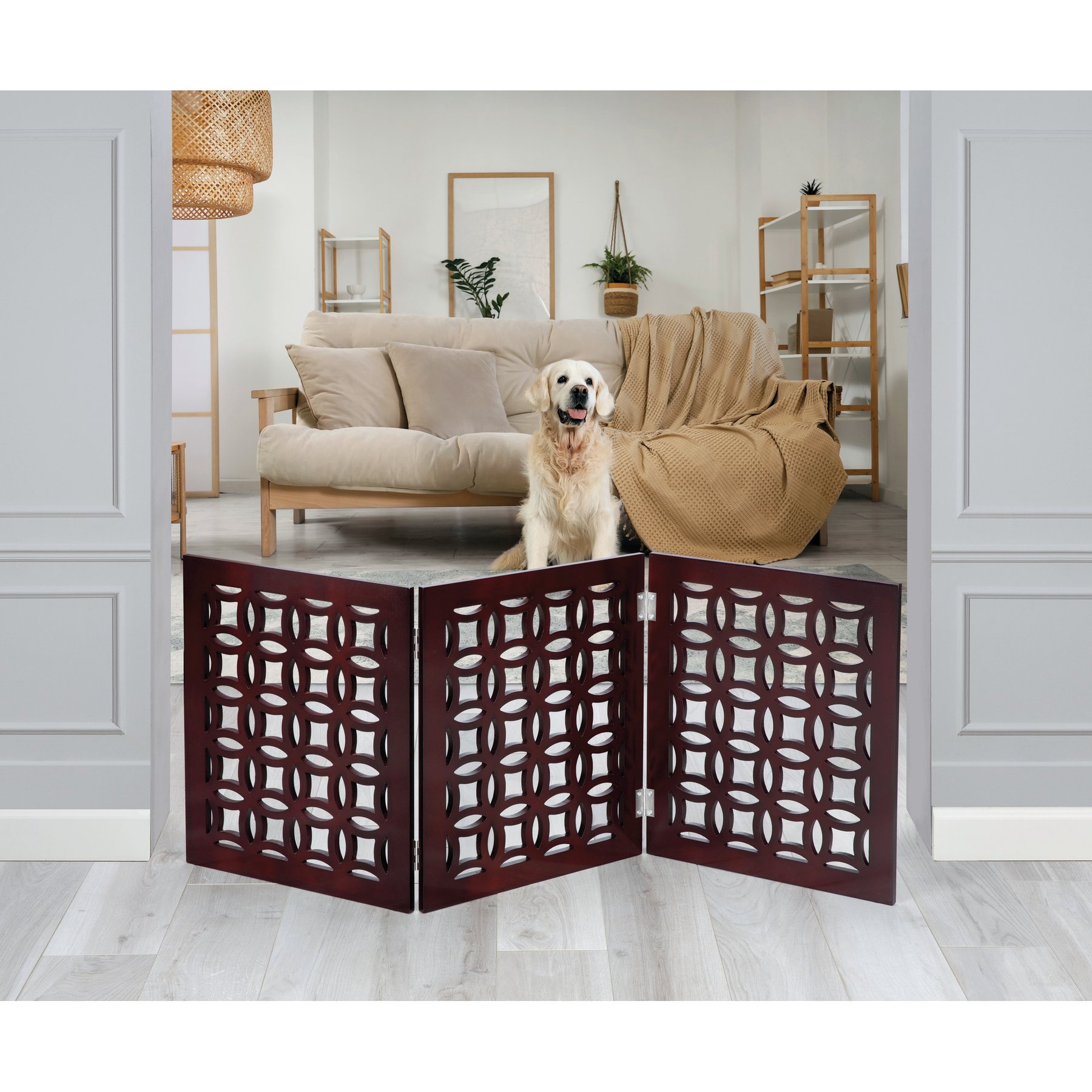 Etna Positano 3 Panel Adjustable Wooden Dog Gate, Mahogany, 48 x 19-in