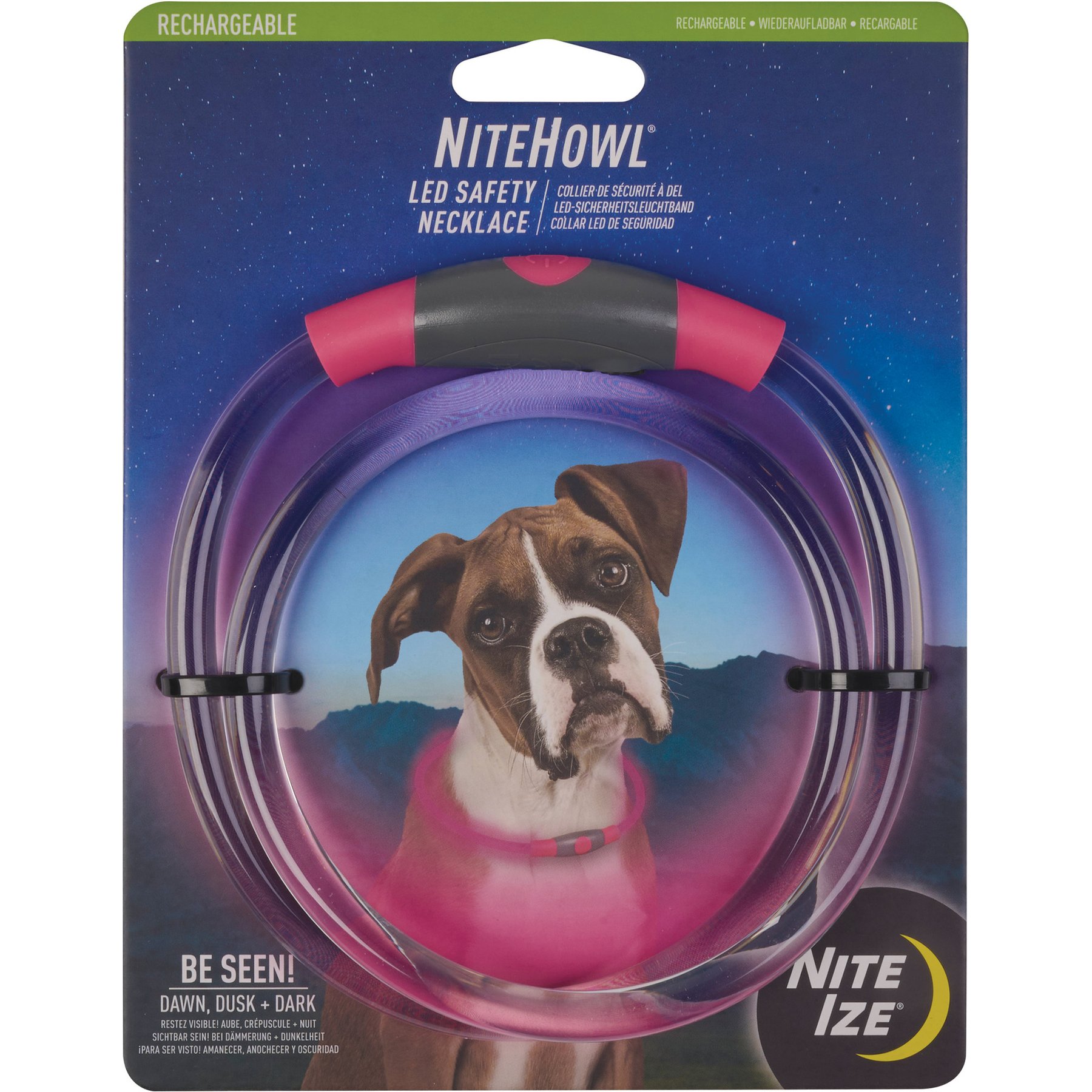 Nite Ize NiteHowl Rechargeable LED Dog Safety Necklace, Tie Dye Pink, 12 to 27-in neck