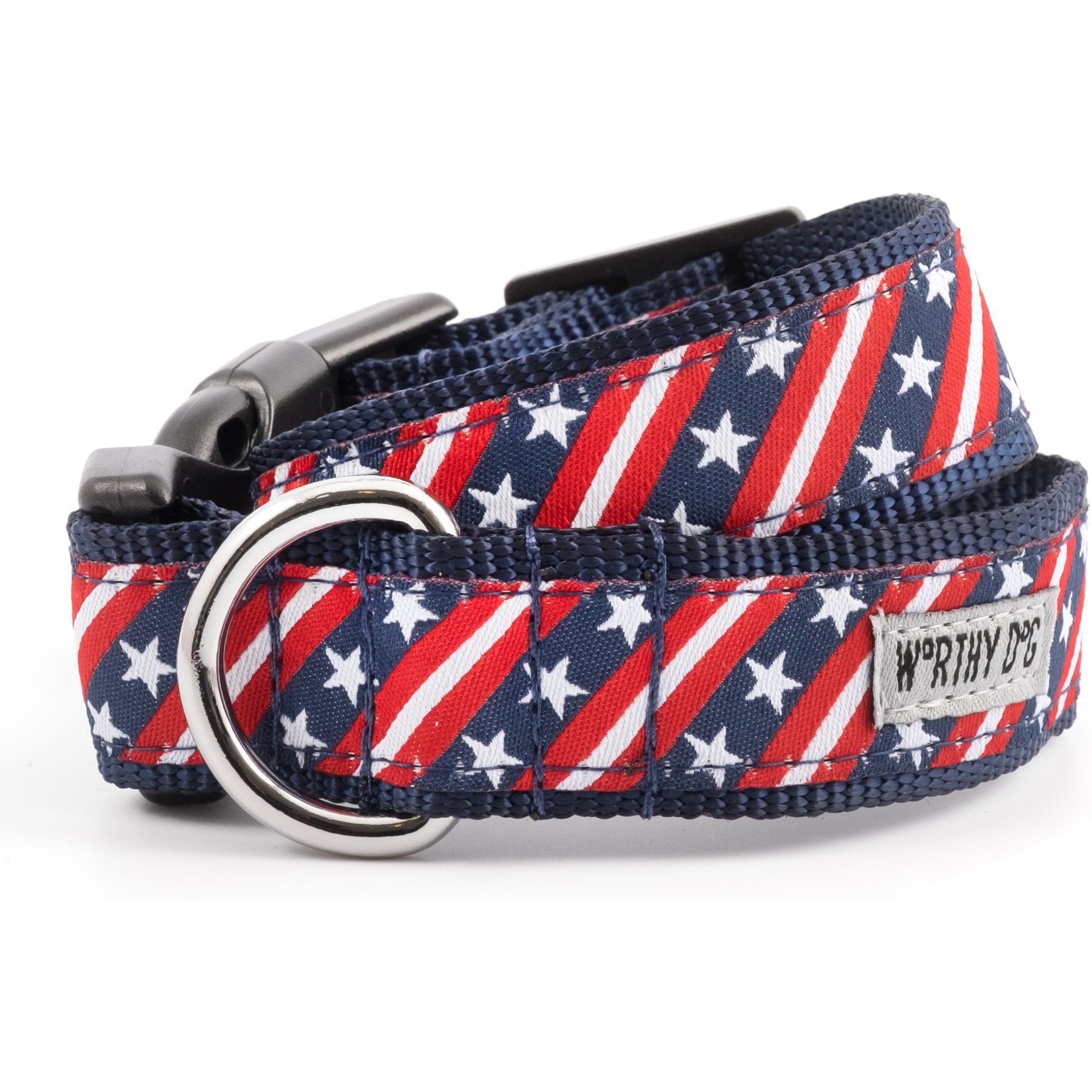 The Worthy Dog Bias Stars & Stripes Dog Collar, Red/White/Blue, X-Large: 17 to 23-in neck, 1-in wide