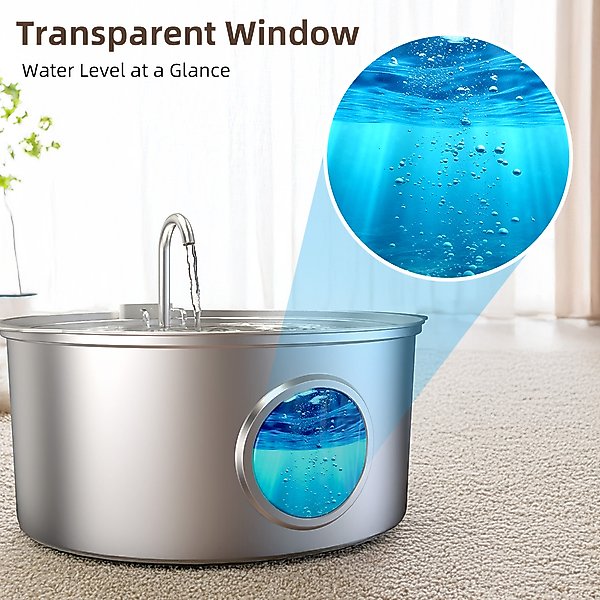 Show full view: Casfuy PWS-140 Quiet Stainless Steel Dog Water Fountain with Water Level Window, 230-oz slide 6 of 8