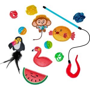 Frisco Summer Felt Plush, Teaser & Ball Variety Pack Cat Toy with Silvervine & Catnip