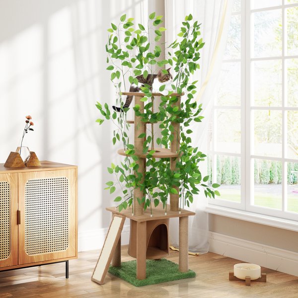 Coziwow 76-in Green Leaves Plush Multi-Level Cat Tree & Condo with Scratching Posts