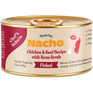 Made by Nacho Flaked Chicken & Beef Recipe in Bone Broth Wet Cat Food, 3-oz can, case of 12