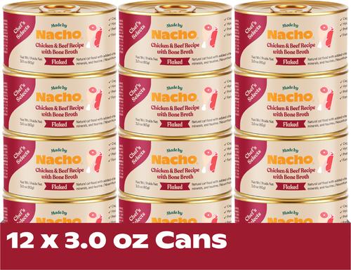 Show full view: Made by Nacho Flaked Chicken & Beef Recipe in Bone Broth Wet Cat Food, 3-oz can, case of 12 slide 4 of 9