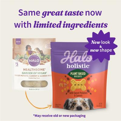Show full view: Halo Plant-Based Dog Treats with Sweet Potato & Carrots, Vegan Dog Treats, 8-oz bag slide 3 of 13