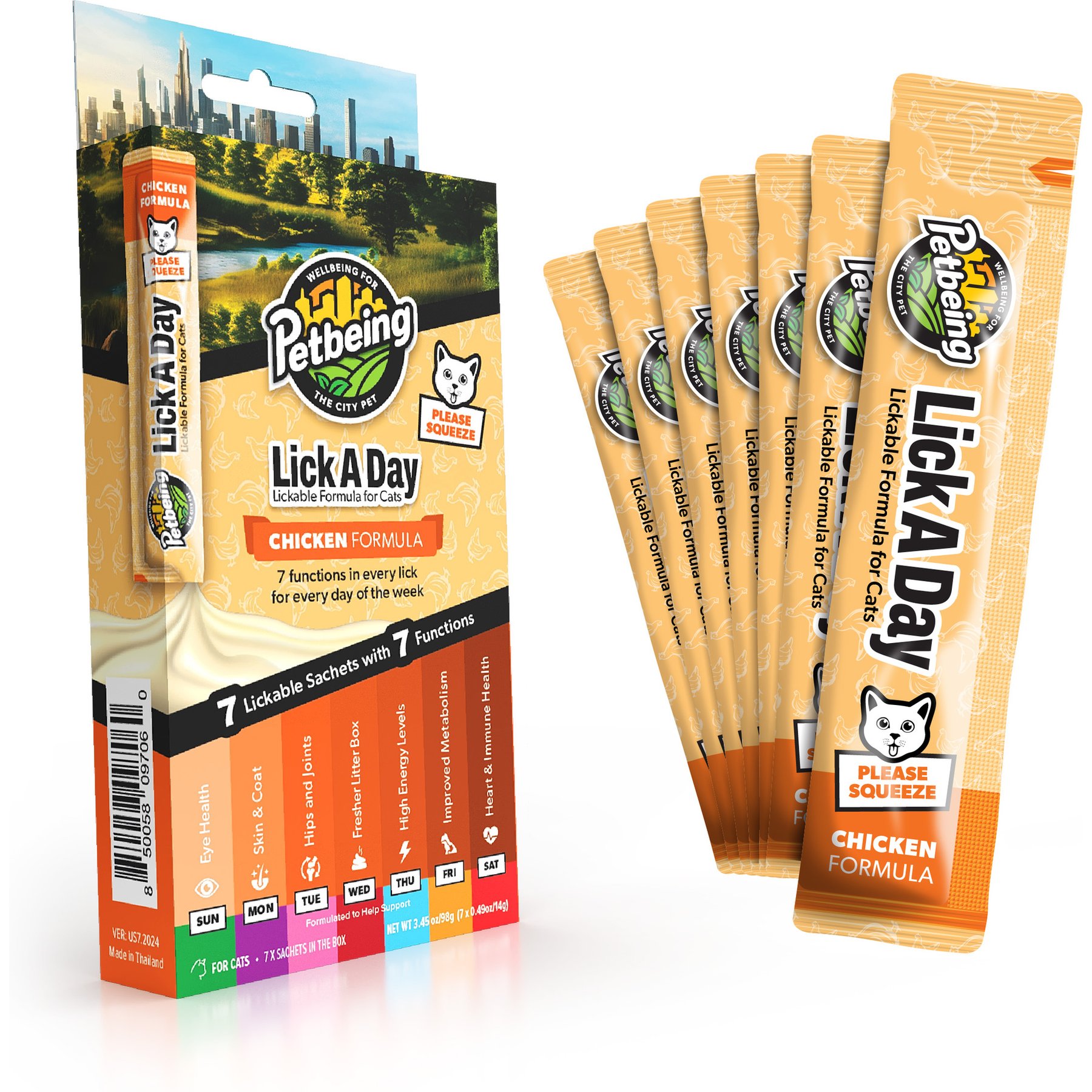 PetBeing Lick a Day 7-in-1 Functions Lickable Chicken Puree Supplement for Cats, 7 count