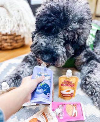 Show full view: Bark Bistro Company Buddy Budder Mix Flavor Squeeze Lickable Dog Treat, 4-oz pouch, 9 count slide 6 of 9