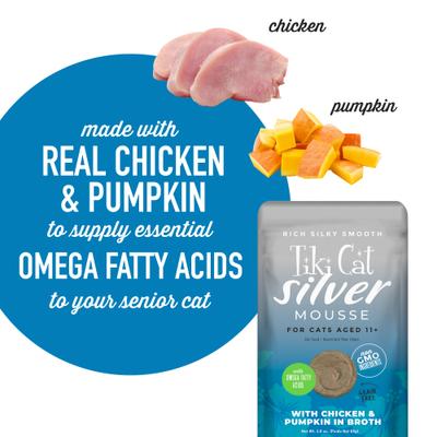 Show full view: Tiki Cat Silver Mousse Chicken & Pumpkin Grain-Free Senior Wet Cat Food, 2.8-oz pouch, case of 12 slide 8 of 11