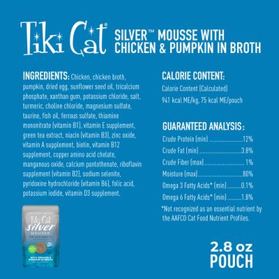 Show full view: Tiki Cat Silver Mousse Chicken & Pumpkin Grain-Free Senior Wet Cat Food, 2.8-oz pouch, case of 12 slide 5 of 11
