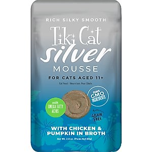Tiki Cat Silver Mousse Chicken & Pumpkin Grain-Free Senior Wet Cat Food, 2.8-oz pouch, case of 12