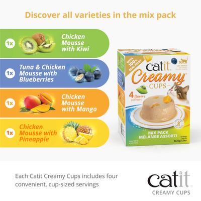 Show full view: Catit Creamy Cups with Fruit, Tuna & Chicken Mousse with Blueberry Cat Lickable Treat, 0.9-oz cup, 4 count slide 7 of 9