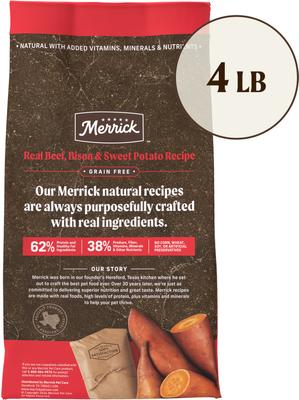 Show full view: Merrick Grain-Free Dry Dog Food Real Bison, Beef & Sweet Potato Recipe, 4-lb bag slide 3 of 12