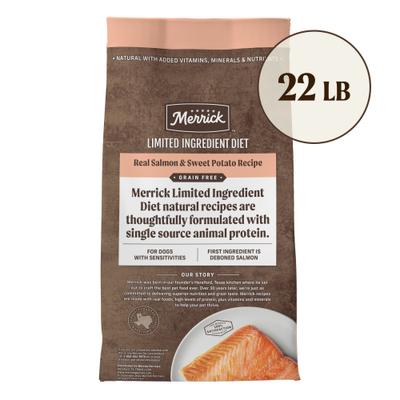 Show full view: Merrick Limited Ingredient Diet Grain-Free Chicken-Free Real Salmon & Sweet Potato Recipe Dry Dog Food, 22-lb bag slide 3 of 12