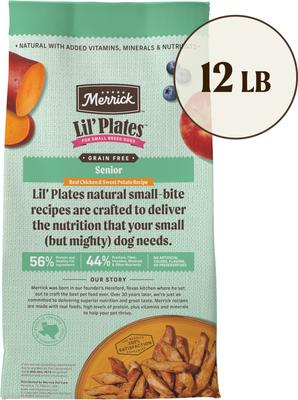 Show full view: Merrick Lil' Plates Grain-Free Small Breed Dry Dog Food Senior Real Chicken + Sweet Potato Recipe, 12-lb bag slide 3 of 12