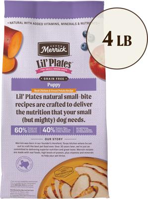 Show full view: Merrick Lil' Plates Grain-Free Small Breed Dry Dog Food Puppy Real Chicken + Sweet Potato Recipe, 4-lb bag slide 3 of 12