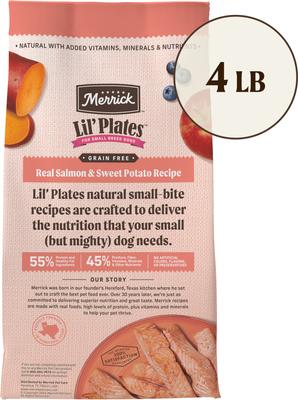 Show full view: Merrick Lil' Plates Grain-Free Chicken-Free Real Salmon + Sweet Potato Recipe Small Breed Dry Dog Food, 4-lb bag slide 3 of 12